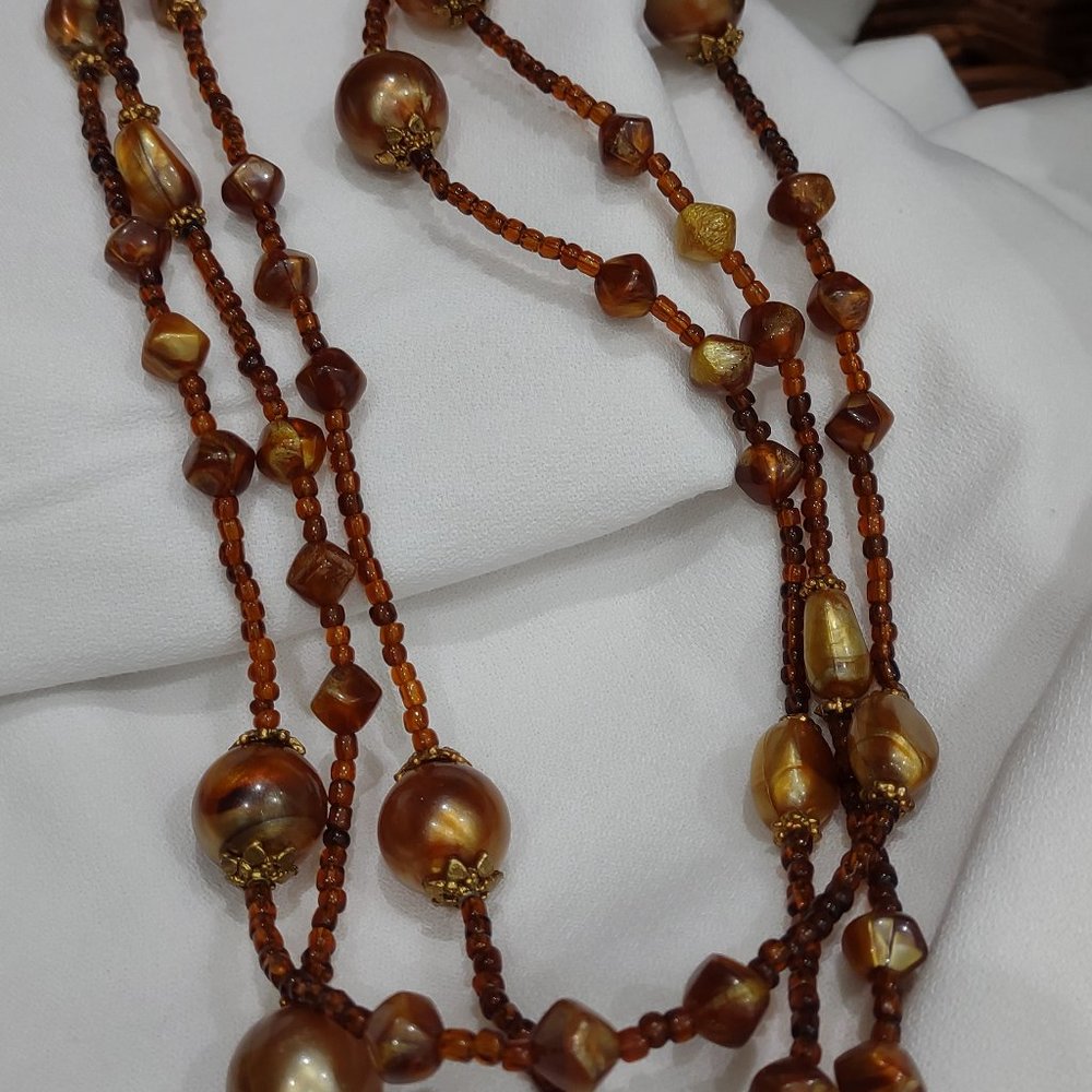 Vintage Brown, Gold and Amber Beaded Necklace and Earring Set - Picture 7 of 9